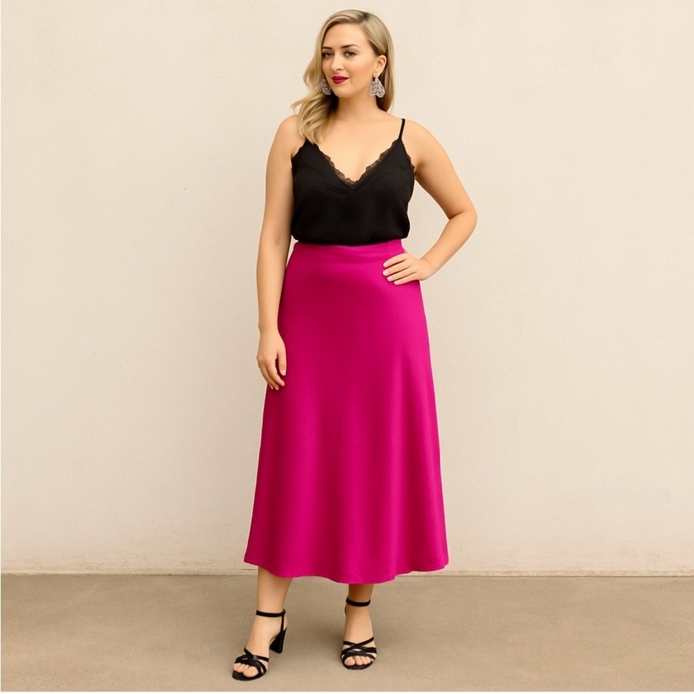 Tash + Sophie Pink Satin Midi Skirt | Size S